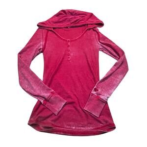 Roxy Hooded Top Womens M Pink Waffle Knit Henley Long Sleeve Faded Surf